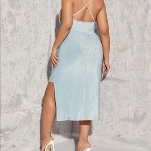 Light blue plus cross cross backlash split thigh glitter dress